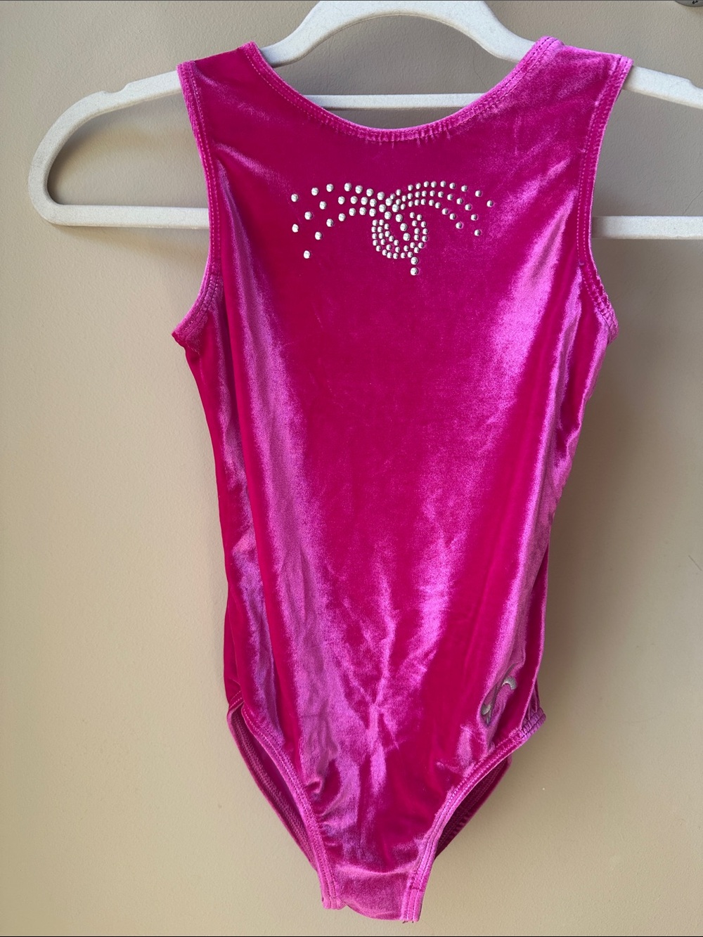 GK Girls Hot Pink Velvet Leotard with Rhinestone gymnastics